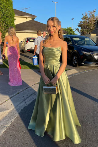 Cute A Line Scoop Neck Sage Green Satin Prom Dresses AB24102607