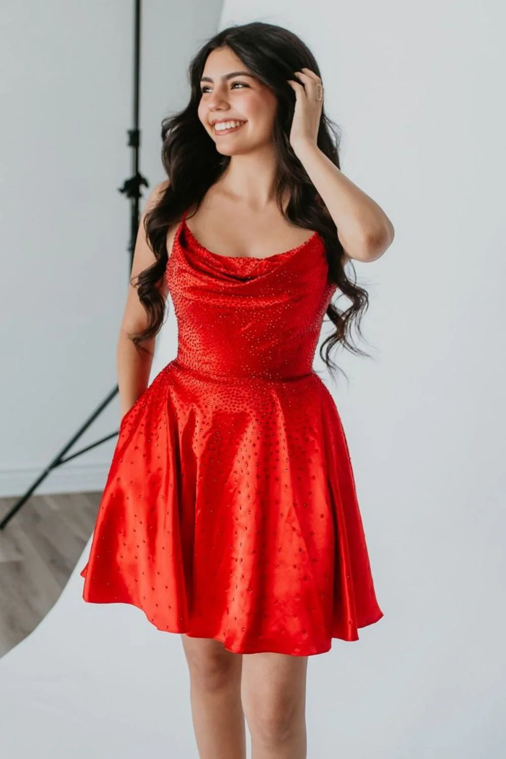 Cute A Line Cowl Neck Red Satin Homecoming Dresses AB24072204