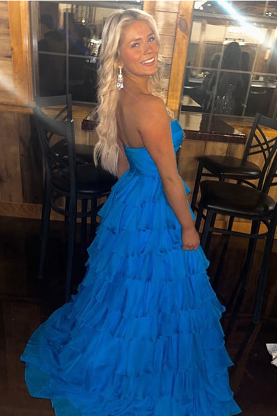 Cute A Line Sweetheart Blue Chiffon Tiered Long Prom Dresses AB24120909