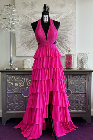 Sparkly A Line Deep V Neck Fuchsia Hot Stone Beading Prom Dress with Slit AB24111503