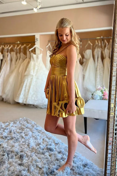 Cute A Line Straps Gold Satin Short Homecoming Dresses AB24110415