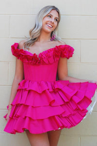 Fuchsia Off the Shoulder Ruffle Tiered A-Line Homecoming Dresses AB4060202