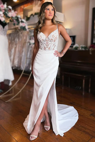 Simple Elegant Mermaid Sweetheart Elastic Satin Long Beach Wedding Dresses Slit AB24102008