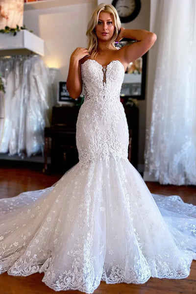 Gorgeous Mermaid Sweetheart Lace Long Beach Wedding Dresses with Sleeves AB24102005