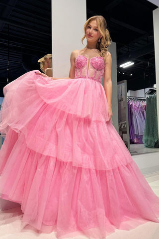 Cute A Line Sweetheart Tiered Tulle Pink Prom Dress AB4050402