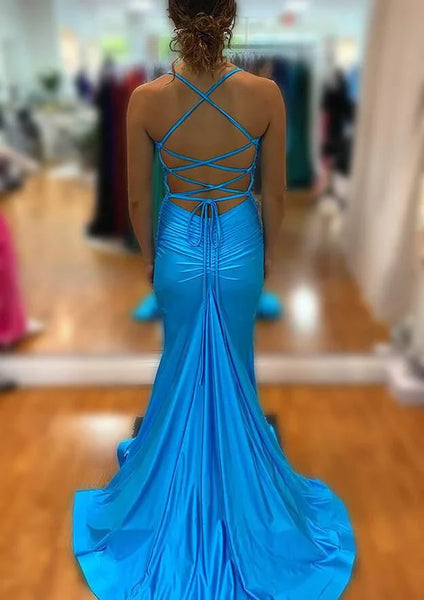 Charming Mermaid V Neck Blue Satin Prom Dress with Slit AB24121411