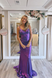 Sparkly Mermaid V Neck Purple Metallic Satin Prom Dress with Hot Stone Beading AB25020508