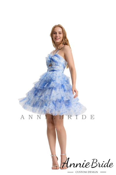 Cute A Line Straps Floral Printed Tulle Short Homecoming Dresses AB24071905