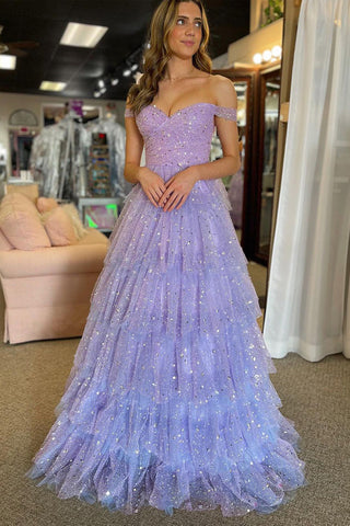 Charming A-Line Off the Shoulder Lavender Ruffle Tiered Tulle Long Prom Dress