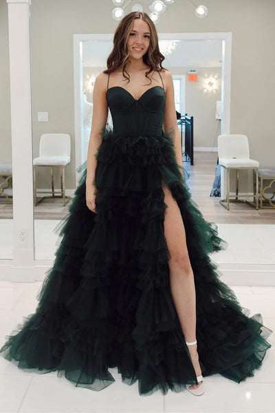 Cute Ball Gown Sweetheart Dark Green Tulle Long Prom Dresses with Slit AB24091305