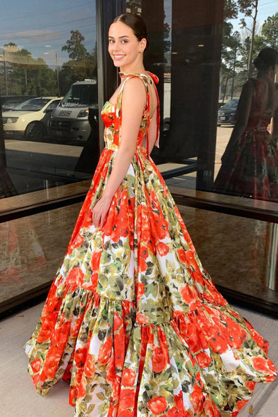 Gorgeous A-Line Floral Printed Satin Sweetheart Long Prom Dresses with Bow