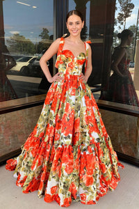 Gorgeous A-Line Floral Printed Satin Sweetheart Long Prom Dresses with Bow