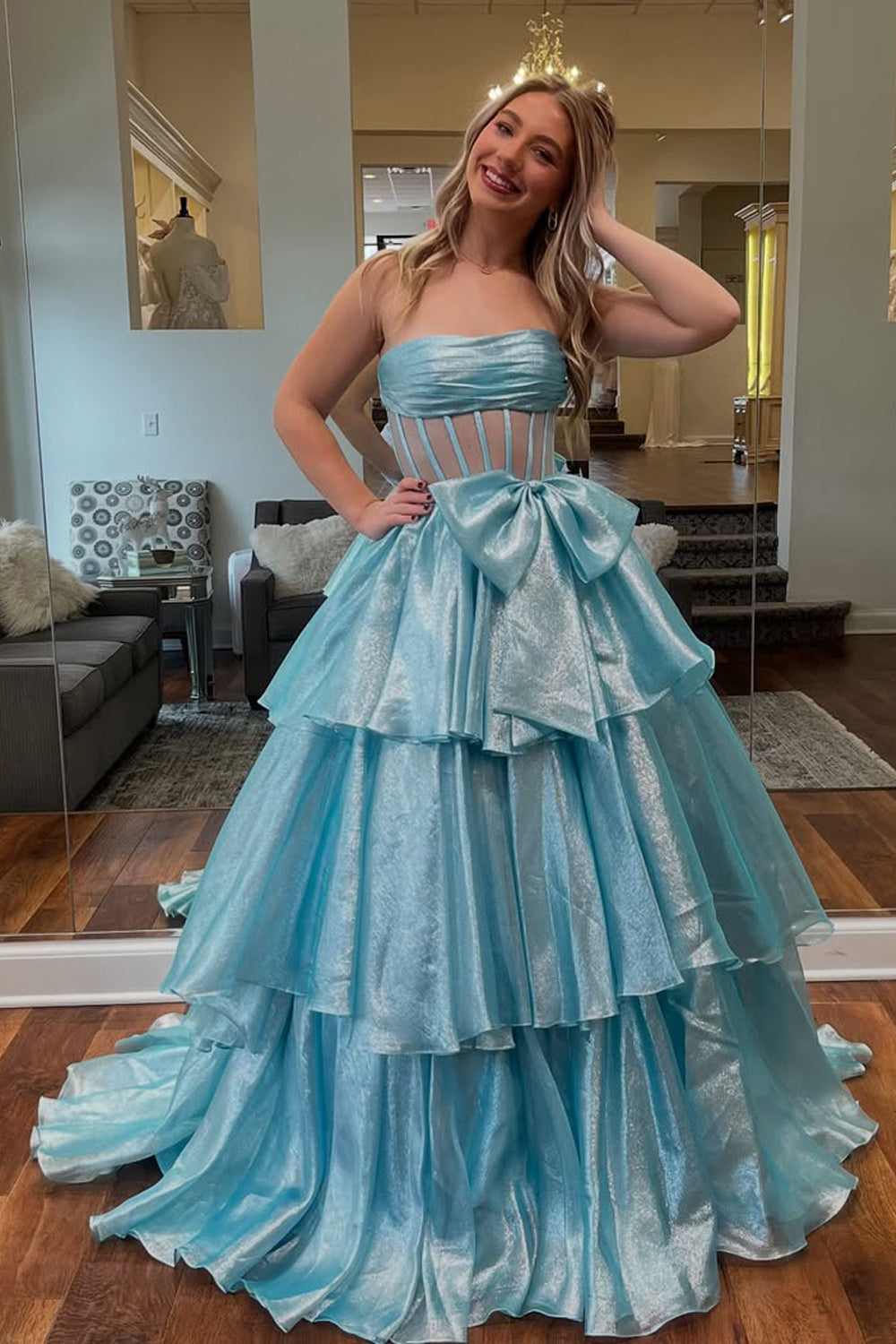 Cute Ball Gown Strapless Light Blue Organza Prom Dress with Bow AB24120315