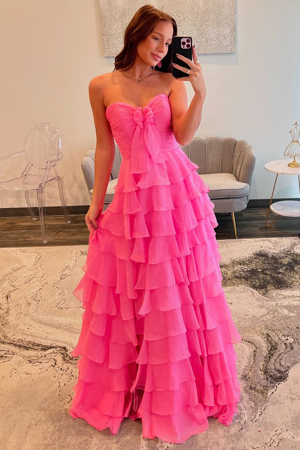 Cute A Line Sweetheart Pink Chiffon Tiered Prom Dresses with Bow AB24111806