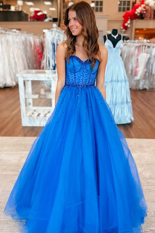 Cute A Line Sweetheart Royal Blue Tulle Prom Dress with Beading AB25020307