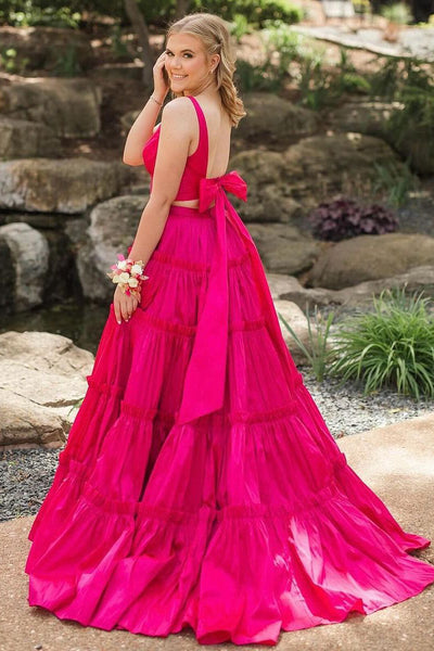 Pretty V Neck Two Piece Pink Satin Long Prom Dress AB4051605