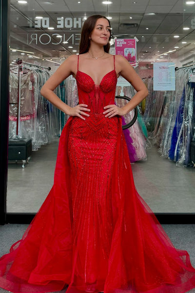 Sparkly Mermaid Sweetheart Neck Red Tulle Glitter Prom Dress AB24111508