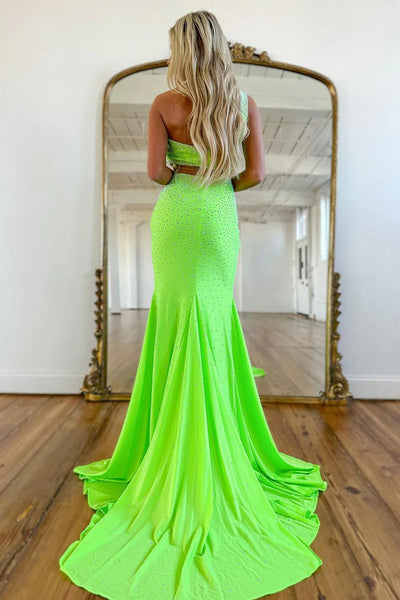 Green One Shoulder Satin Mermaid Long Prom Dress with Beading AB4041705