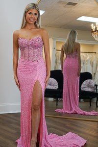 Cute Mermaid Pink Strapless Sequins Long Prom Dress with Beading