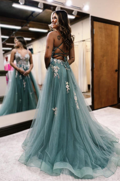 Fairy A Line V Neck Dusty Blue Tulle Long Prom Dress with Beading AB24110810