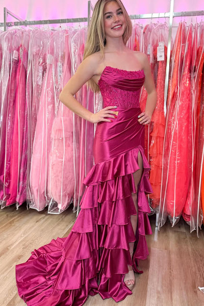 Sweet Mermaid Scoop Neck Fuchsia Satin Prom Dress with Slit AB25020303