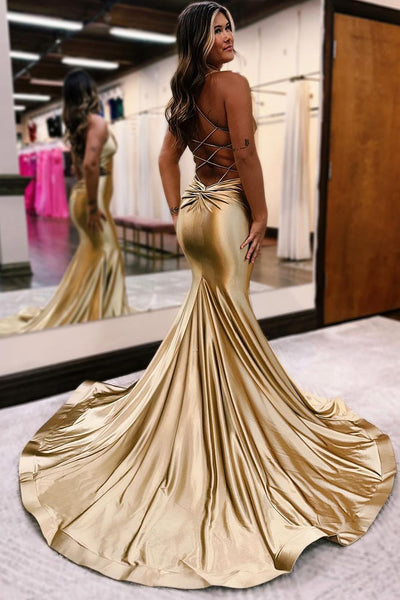 Charming Mermaid V Neck Gold Satin Long Prom Dress AB120203