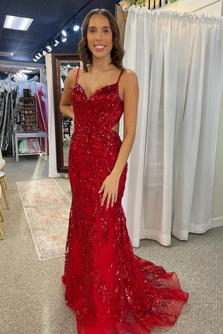 Cute Mermaid V Neck Red Sequins Long Prom Dress AB24122406