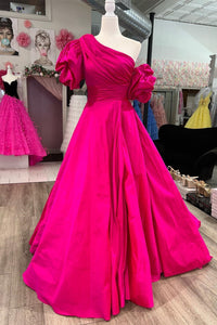 Cute Ball Gown One Shoulder Fuchsia Satin Long Prom Dress with Puff Sleeves