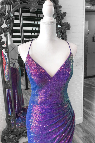 Charming Mermaid Purple Sequins V Neck Long Prom Dress with Slit