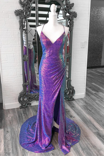 Charming Mermaid Purple Sequins V Neck Long Prom Dress with Slit