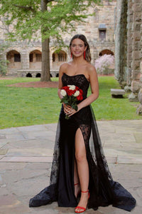 Charming Mermaid Strapless Black Lace Long Prom Dress with Slit