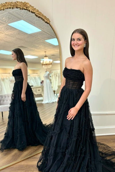 Cute Black Strapless Tiered Tulle Lone Prom Dresses