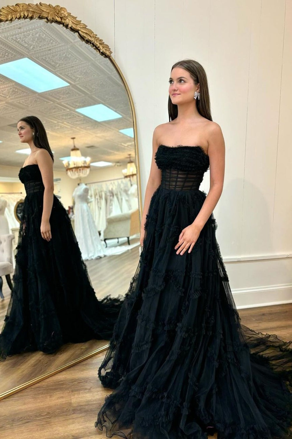 Cute Black Strapless Tiered Tulle Lone Prom Dresses