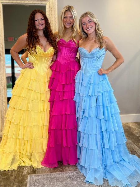 Cute Yellow Sweetheart A-Line Ruffle Chiffon Tiered Long Prom Dress With Split