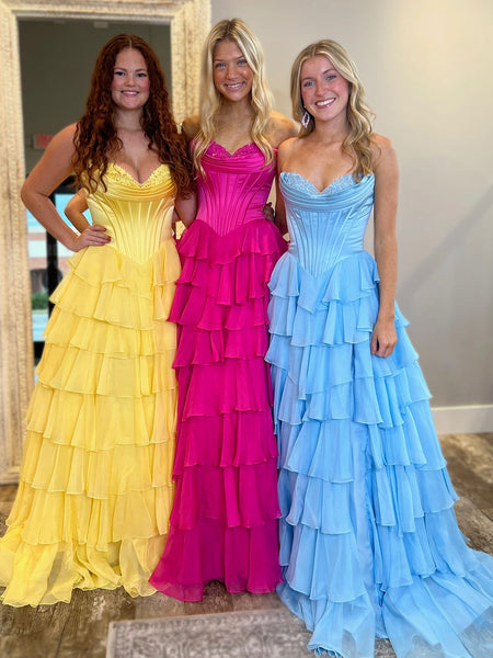 Cute A Line Blue Princess Tiered Sweetheart Long Prom Dresses AB241128