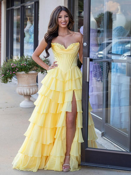 Cute Yellow Sweetheart A-Line Ruffle Chiffon Tiered Long Prom Dress With Split