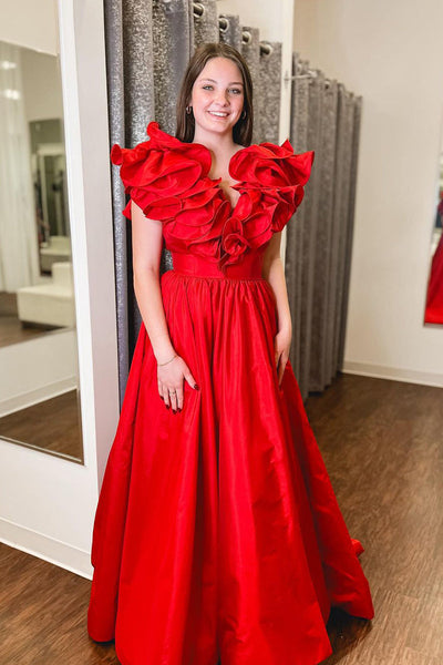 Cute A Line V Neck Red Ruffle Satin Long Prom Dresses