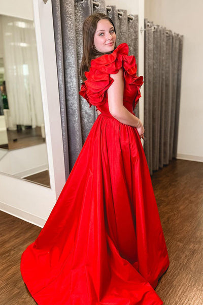 Cute A Line V Neck Red Ruffle Satin Long Prom Dresses