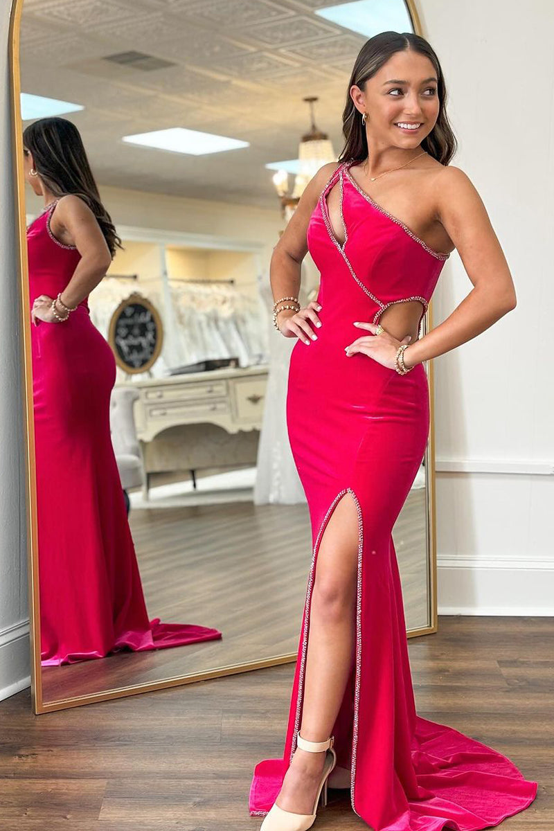 Cute Mermaid One Shoulder Velvet Long Prom Dresses with Beading