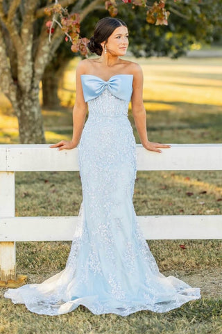 Cute Mermaid Strapless Light Blue Sequins Lace Prom Dress with Bow