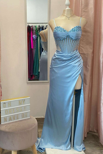 Cute Mermaid V Neck Light Blue Beaded Ruched Long Prom Dress with Slit