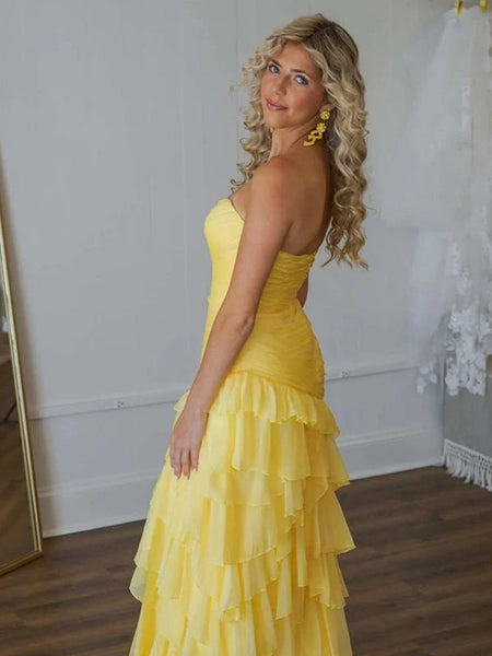 Cute A Line Sweetheart Yellow Ruffle Chiffon Long Prom Dress with Slit