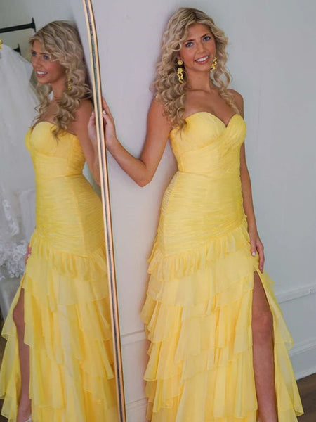 Cute A Line Sweetheart Yellow Ruffle Chiffon Long Prom Dress with Slit