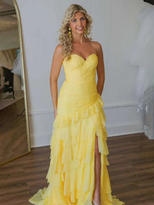 Cute A Line Sweetheart Yellow Ruffle Chiffon Long Prom Dress with Slit