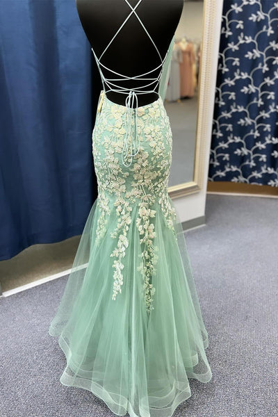 Charming Mermaid V Neck Sage Green Lace Prom Dress with Appliques