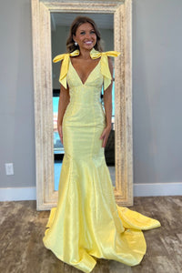 Chamring Mermaid V Neck Daffodial Satin Long Prom Dresses with Beading AB24110410