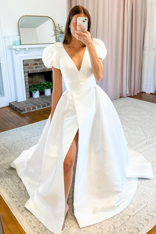 A-Line V Neck Puff Sleeves Wedding Dresses with Slit AB4052902