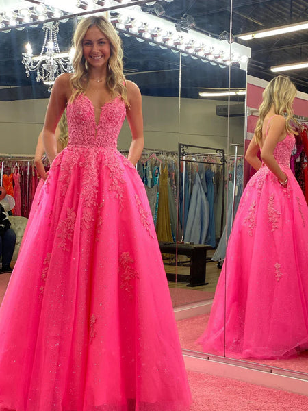 Fairy A Line V Neck Pink Tulle Long Prom Dresses with Appliques AB24102515