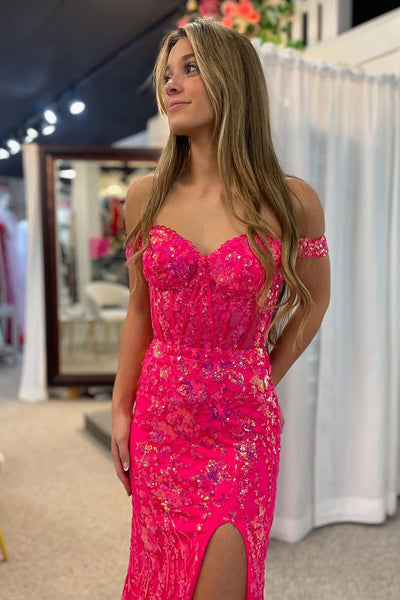 Cute Mermaid Off the Shoulder Hot Pink Sequins Lace Prom Dress with Slit AB25011502