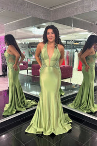 Charming Mermaid V Neck Green Satin Long Prom Dresses with Appliques AB24112213